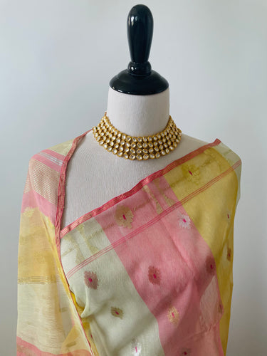Authentic Dhakai Jamdani Muslin Saree from Bangladesh | Handwoven | Multi- Color | Gold Zari | Ships from California
